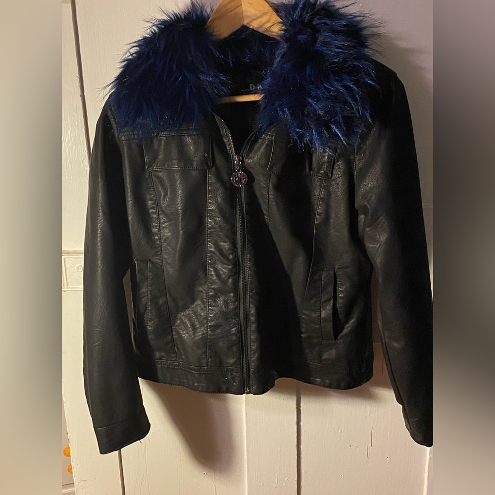 DKNY leather coat with blue fur lining